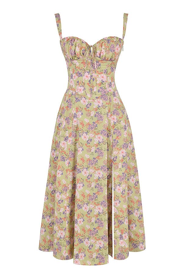 Margaux - Robe Invitée Mariage Femme Romantique Bustier Fleuri avec Fente Midi