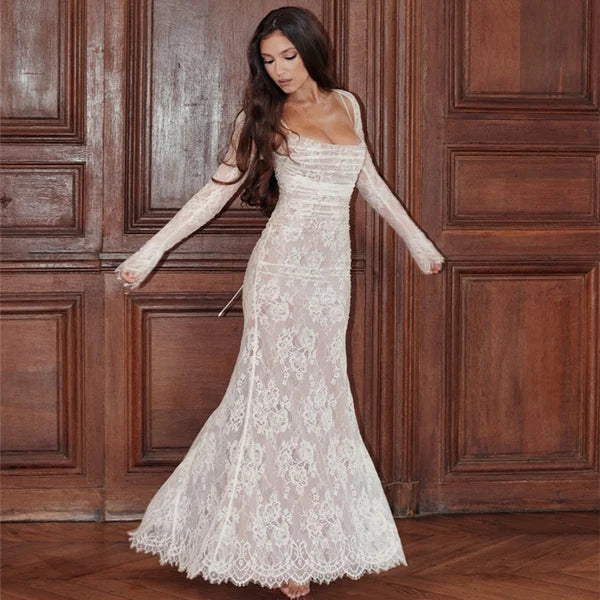 Margaux - Robe Invitée Mariage Femme Romantique à Manches Longues avec Coupe Sirène et Col Carré