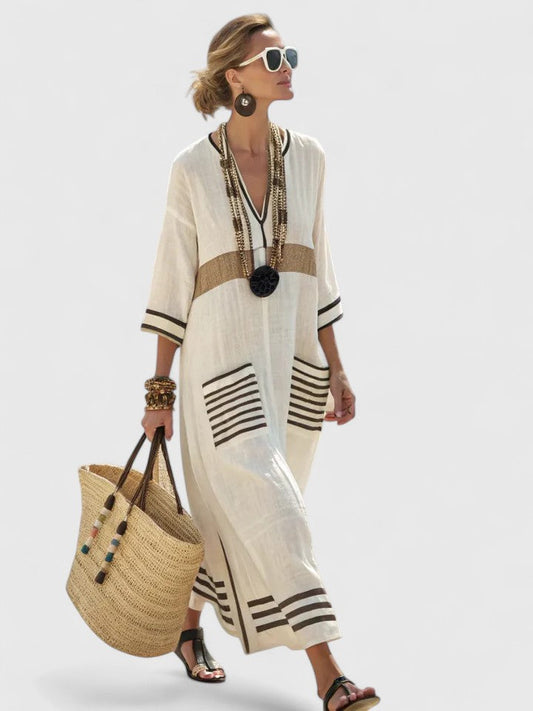 Margaux - Robe Longue Bohème Femme Oversize avec Col en V et Rayures Colorées