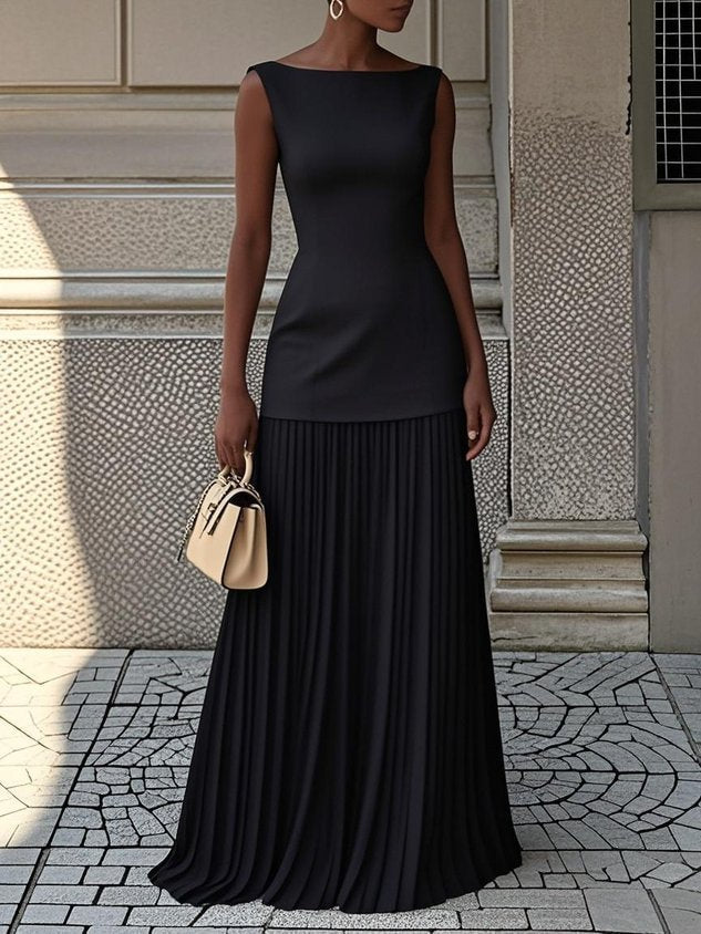 Margaux - Robe Maxi Classique Invitée Mariage Femme avec Col Bateau et Jupe Plissée Fluide