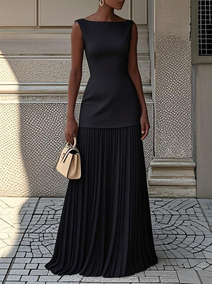 Margaux - Robe Maxi Classique Invitée Mariage Femme avec Col Bateau et Jupe Plissée Fluide
