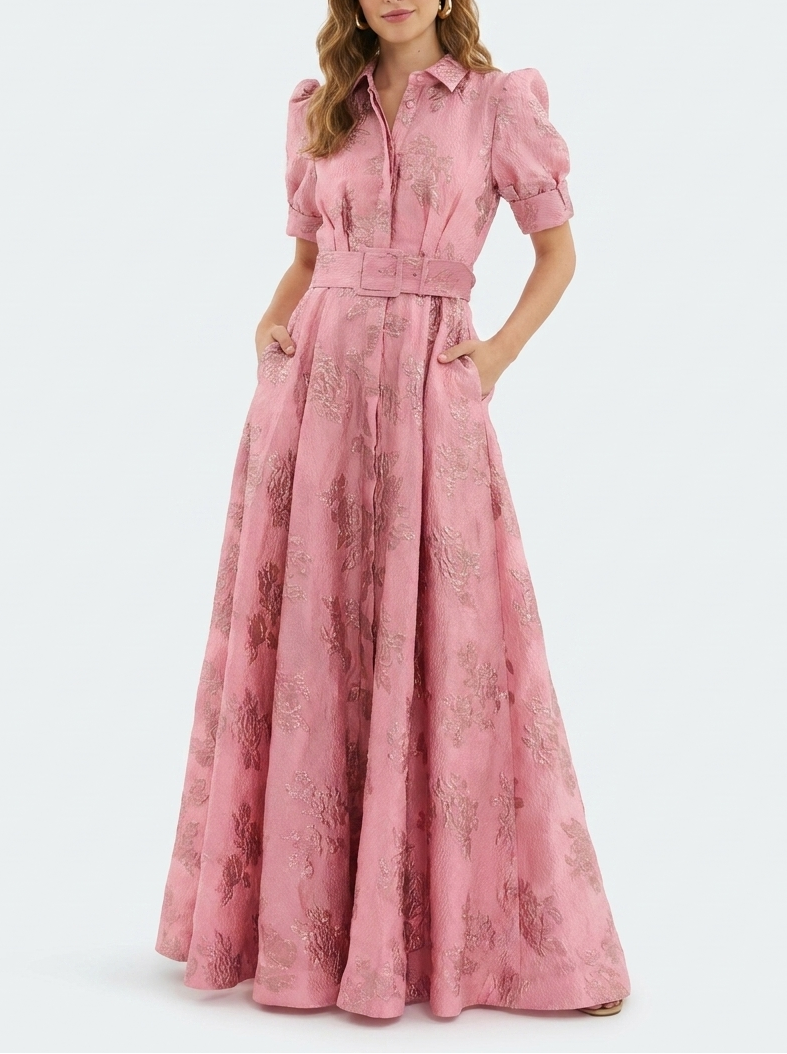 Margaux - Robe Maxi Élégante Invitée Mariage Femme avec Col Chemise et Jupe Évasée Structurée