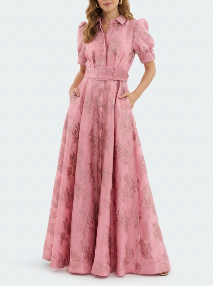 Margaux - Robe Maxi Élégante Invitée Mariage Femme avec Col Chemise et Jupe Évasée Structurée