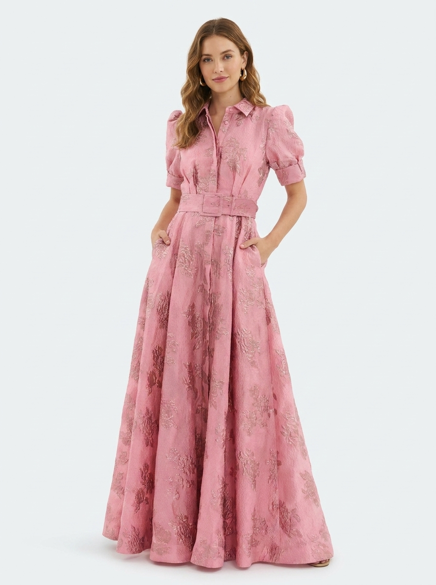 Margaux - Robe Maxi Élégante Invitée Mariage Femme avec Col Chemise et Jupe Évasée Structurée