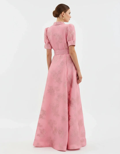 Margaux - Robe Maxi Élégante Invitée Mariage Femme avec Col Chemise et Jupe Évasée Structurée