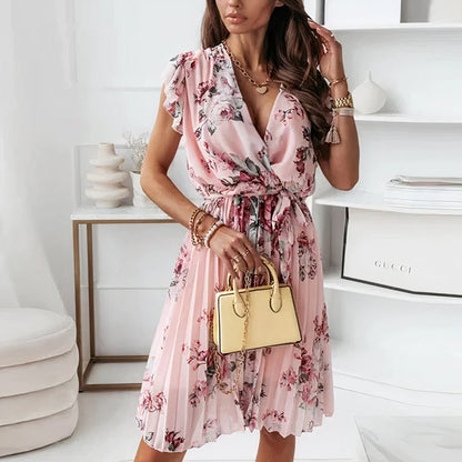 Margaux - Robe Midi d'Été Femme Fleurie Plissée Col V avec Ceinture et Volants Romantique
