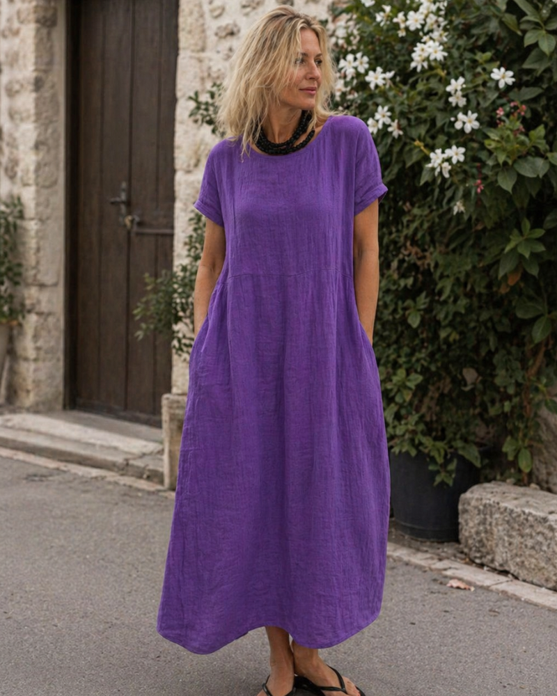 Margaux - Robe Midi en Lin Femme Casual avec Col Rond et Poches Latérales Décontractée