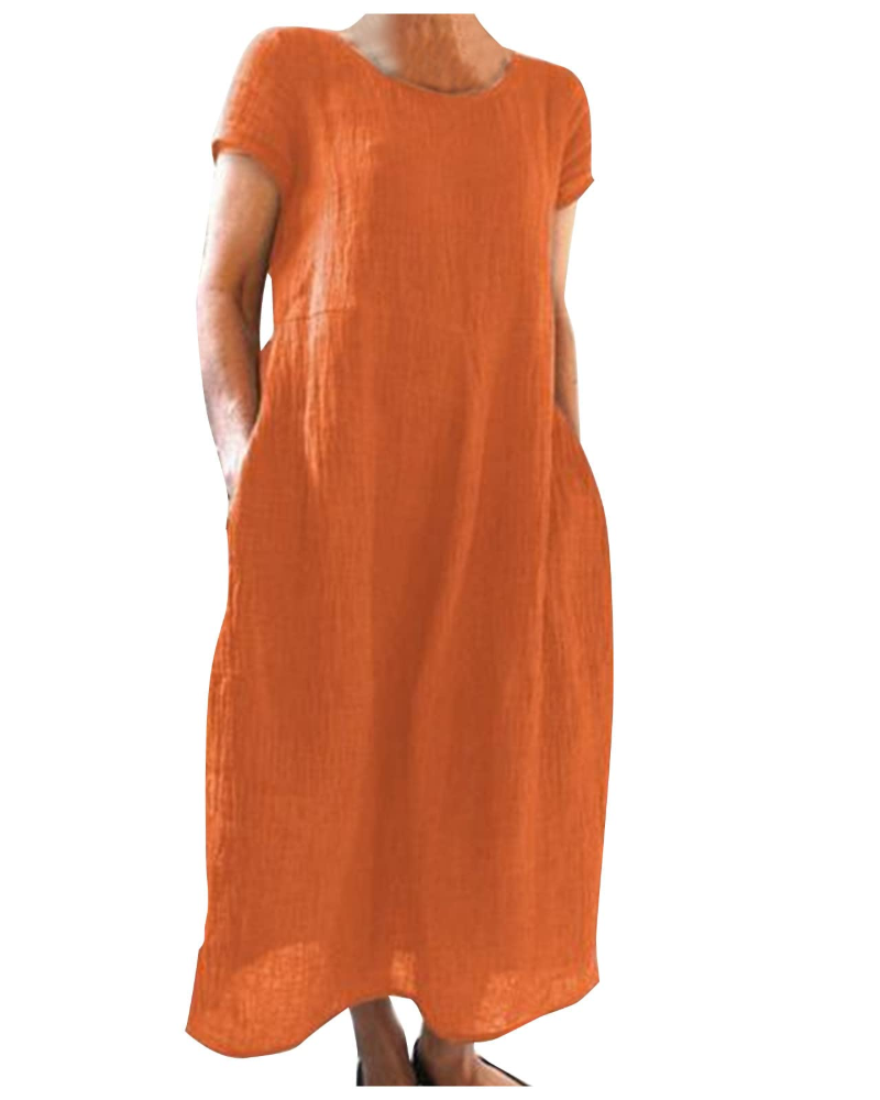 Margaux - Robe Midi en Lin Femme Casual avec Col Rond et Poches Latérales Décontractée