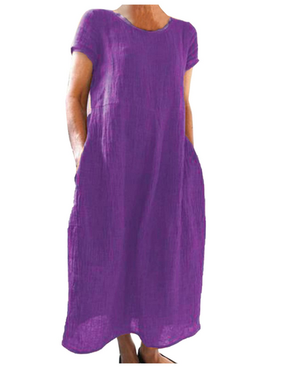 Margaux - Robe Midi en Lin Femme Casual avec Col Rond et Poches Latérales Décontractée