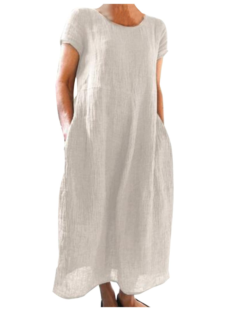Margaux - Robe Midi en Lin Femme Casual avec Col Rond et Poches Latérales Décontractée