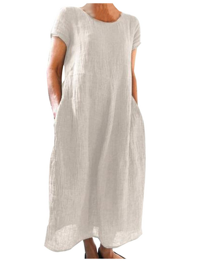 Margaux - Robe Midi en Lin Femme Casual avec Col Rond et Poches Latérales Décontractée