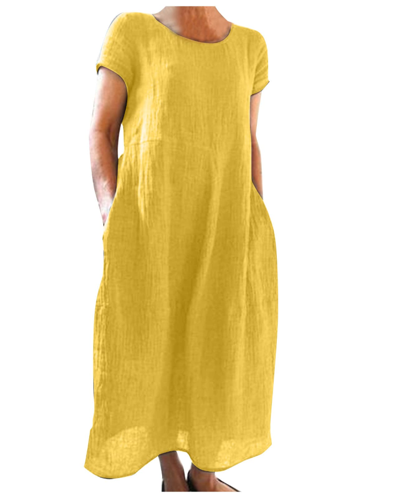 Margaux - Robe Midi en Lin Femme Casual avec Col Rond et Poches Latérales Décontractée