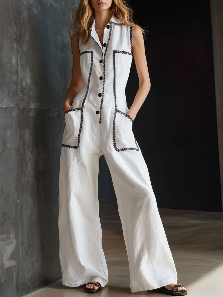 Marion - Combinaison en Lin Tendance Femme sans Manches avec Boutonnage et Poches Cargo