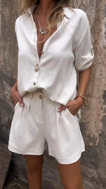 Manon - Blouse en Lin Femme Bohème avec Col Rabattu et Manches Retroussées