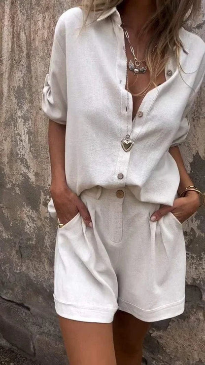 Manon - Blouse en Lin Femme Bohème avec Col Rabattu et Manches Retroussées