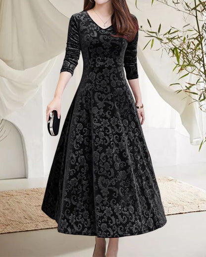 Marion - Robe Invitée Mariage Femme Élégante Longue à Manches Trois-Quarts et Col V