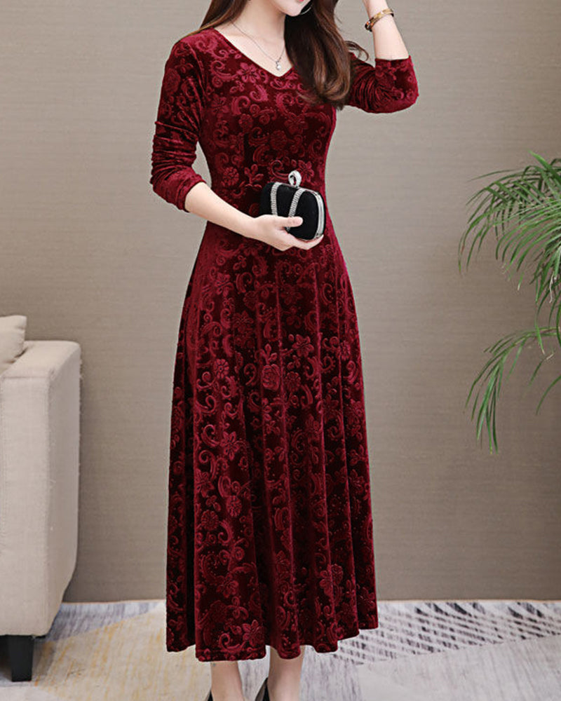 Marion - Robe Invitée Mariage Femme Élégante Longue à Manches Trois-Quarts et Col V