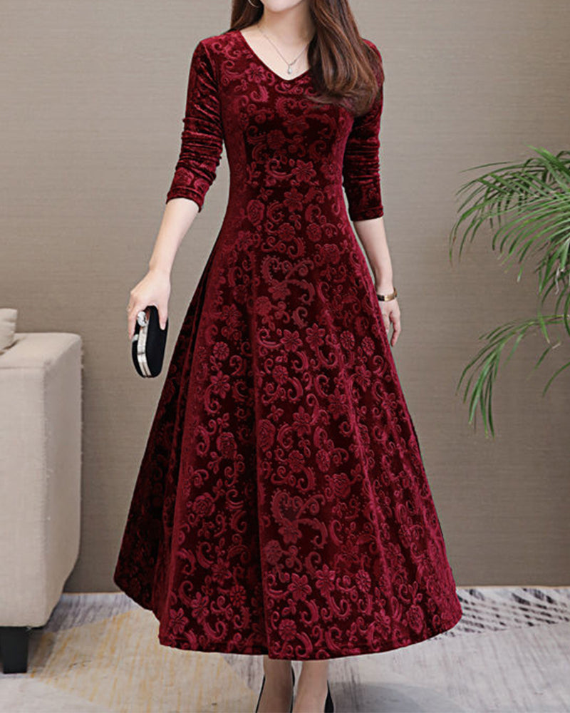 Marion - Robe Invitée Mariage Femme Élégante Longue à Manches Trois-Quarts et Col V