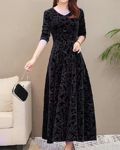 Marion - Robe Invitée Mariage Femme Élégante Longue à Manches Trois-Quarts et Col V
