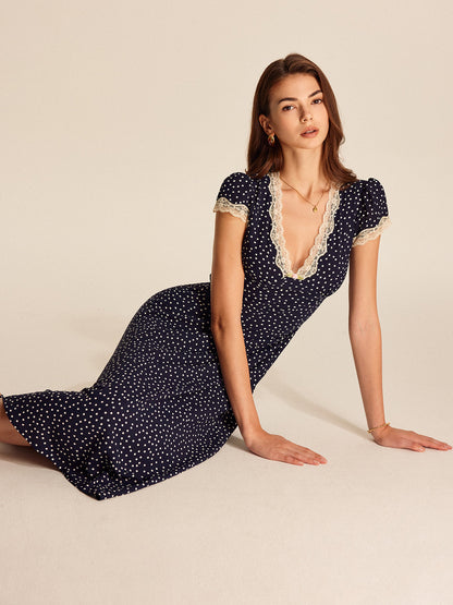 Marion - Robe Longue Romantique Femme avec Col Plongeant et Volant
