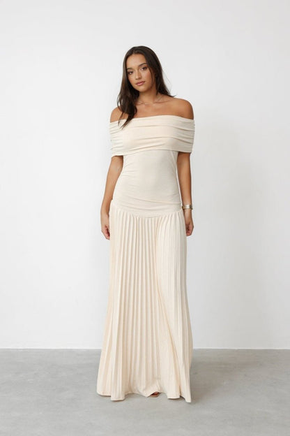 Marion - Robe Mariage Invitée Femme Élégante Longue Épaules Dénudées avec Jupe Plissée