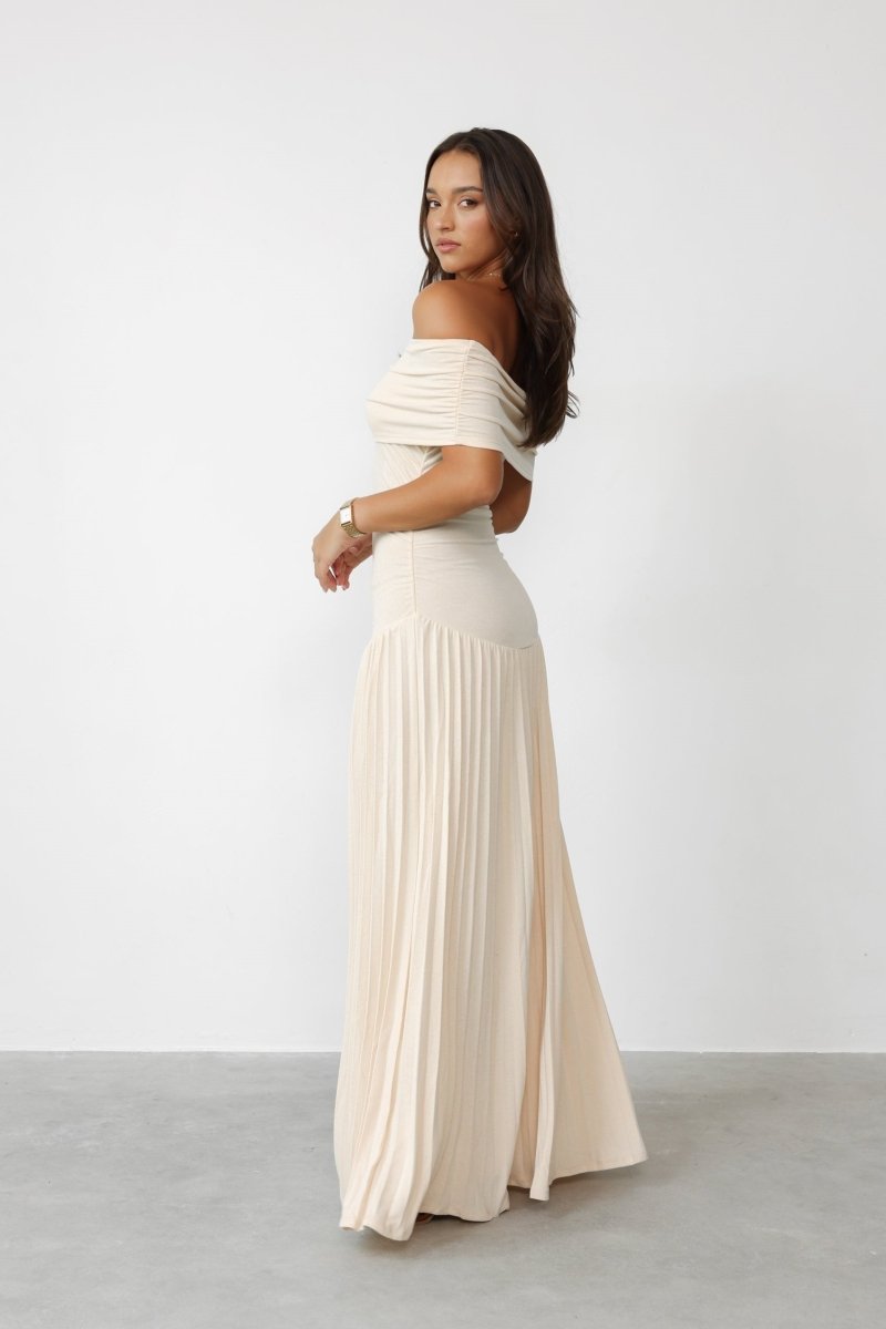 Marion - Robe Mariage Invitée Femme Élégante Longue Épaules Dénudées avec Jupe Plissée