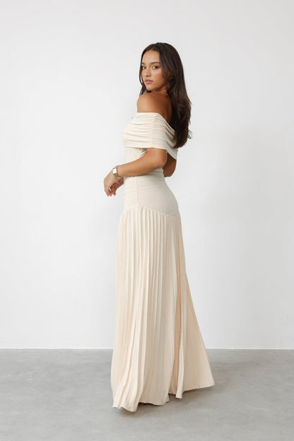 Marion - Robe Mariage Invitée Femme Élégante Longue Épaules Dénudées avec Jupe Plissée