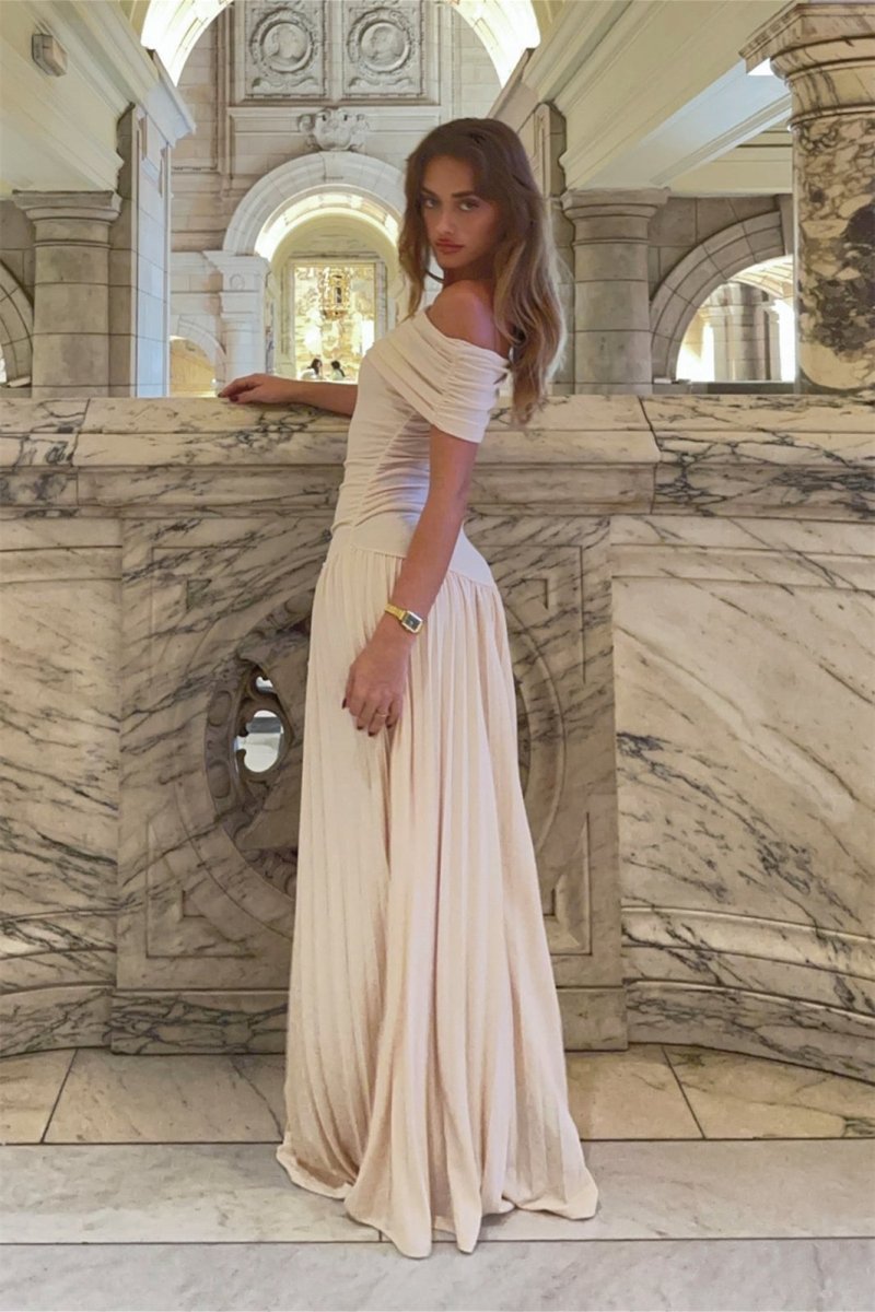 Marion - Robe Mariage Invitée Femme Élégante Longue Épaules Dénudées avec Jupe Plissée