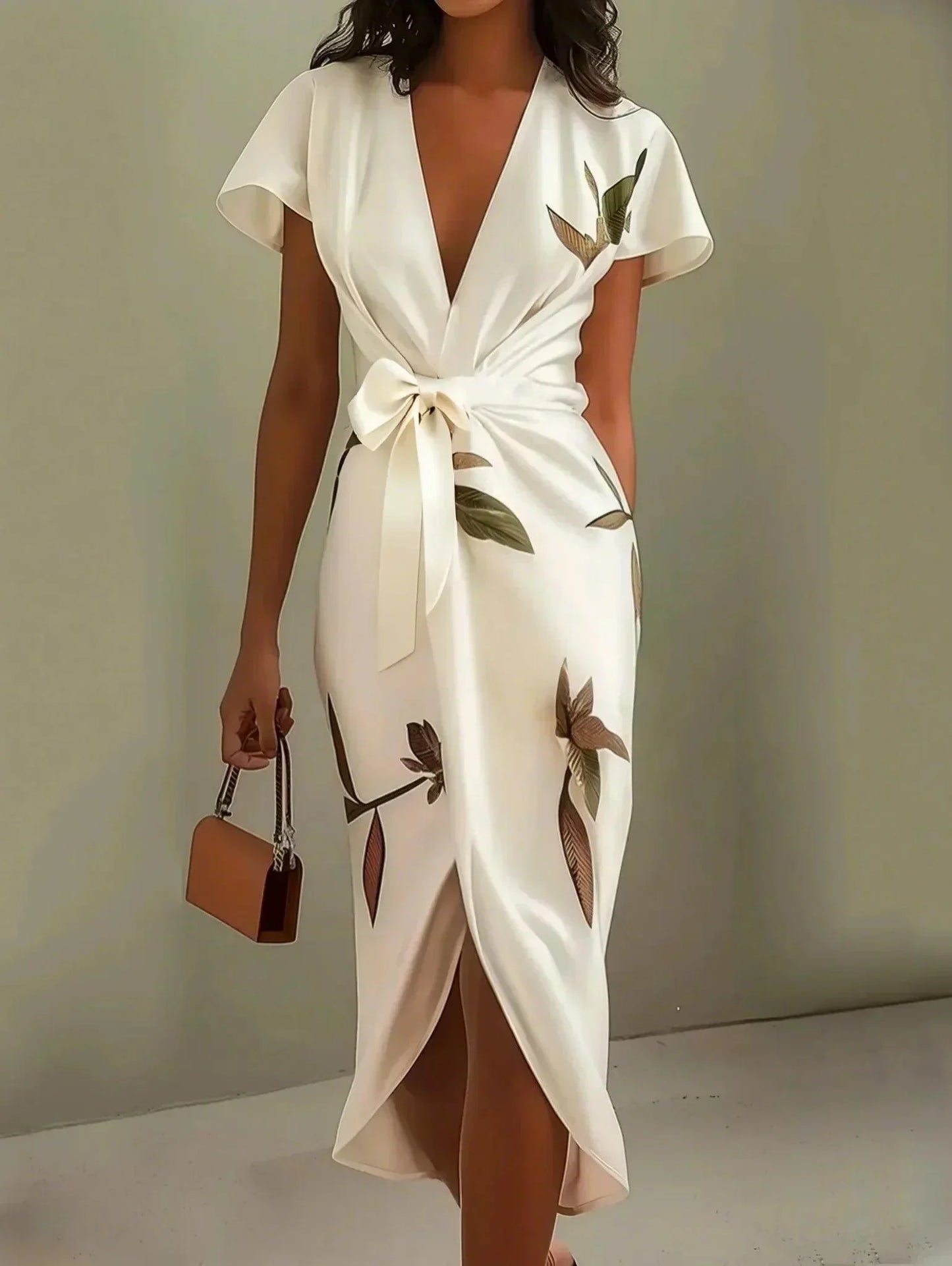 Marion - Robe Midi Élégante Invitée Mariage Femme avec Col V Plongeant et Ceinture Nouée