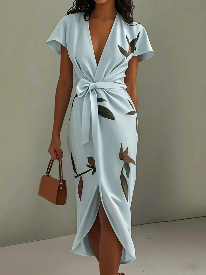 Marion - Robe Midi Élégante Invitée Mariage Femme avec Col V Plongeant et Ceinture Nouée
