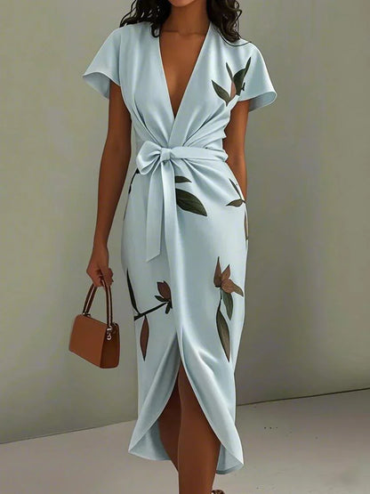 Marion - Robe Midi Élégante Invitée Mariage Femme avec Col V Plongeant et Ceinture Nouée
