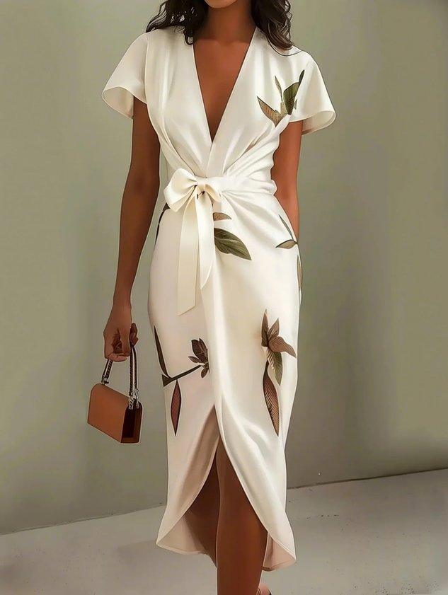 Marion - Robe Midi Élégante Invitée Mariage Femme avec Col V Plongeant et Ceinture Nouée
