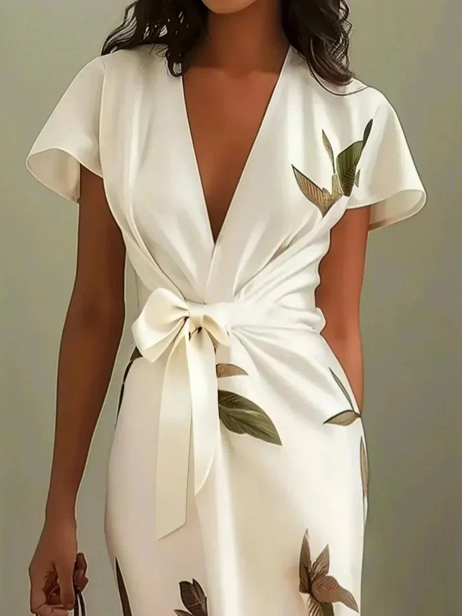 Marion - Robe Midi Élégante Invitée Mariage Femme avec Col V Plongeant et Ceinture Nouée