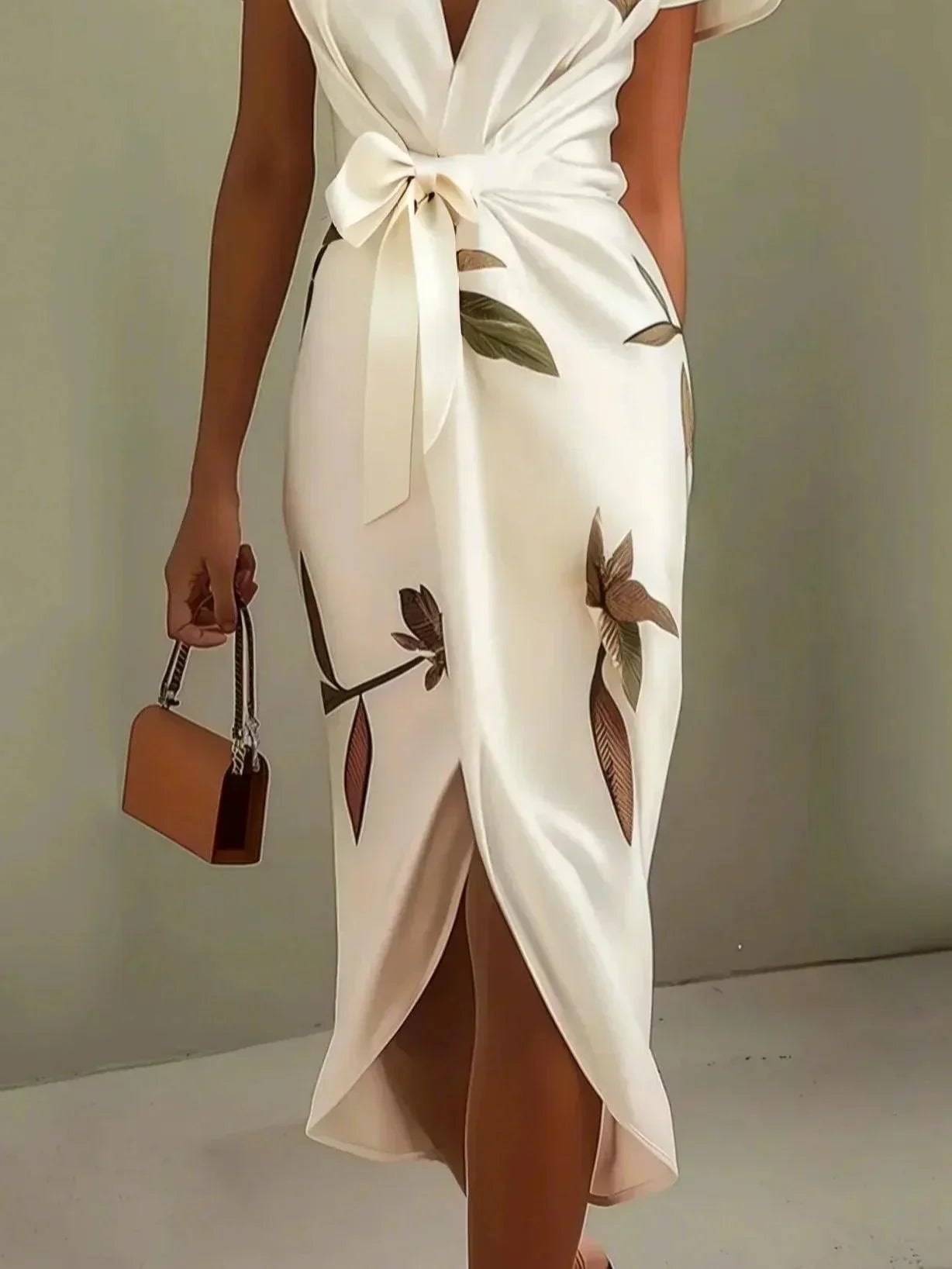 Marion - Robe Midi Élégante Invitée Mariage Femme avec Col V Plongeant et Ceinture Nouée