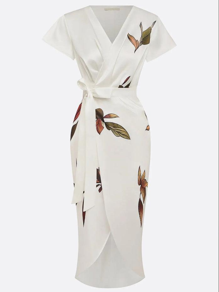 Marion - Robe Midi Élégante Invitée Mariage Femme avec Col V Plongeant et Ceinture Nouée