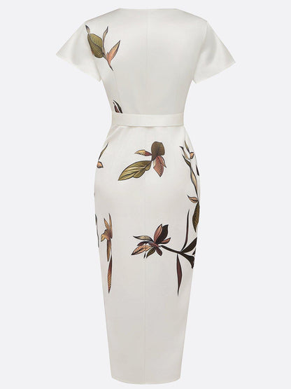 Marion - Robe Midi Élégante Invitée Mariage Femme avec Col V Plongeant et Ceinture Nouée
