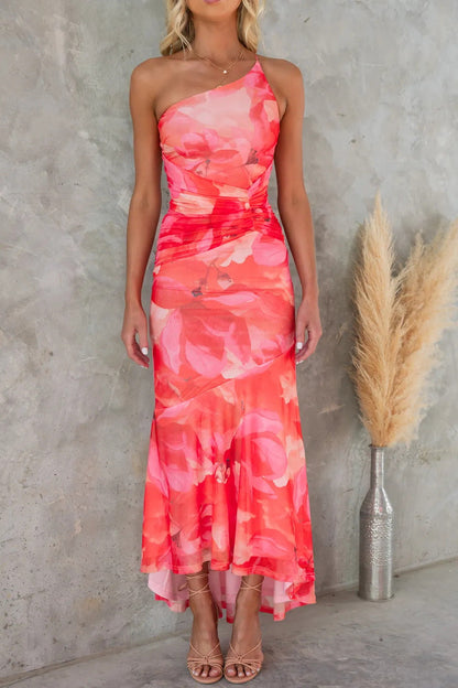 Marion - Robe Midi Élégante Invitée Mariage Femme avec Épaule Asymétrique et Ourlet Irrégulier Fleuri