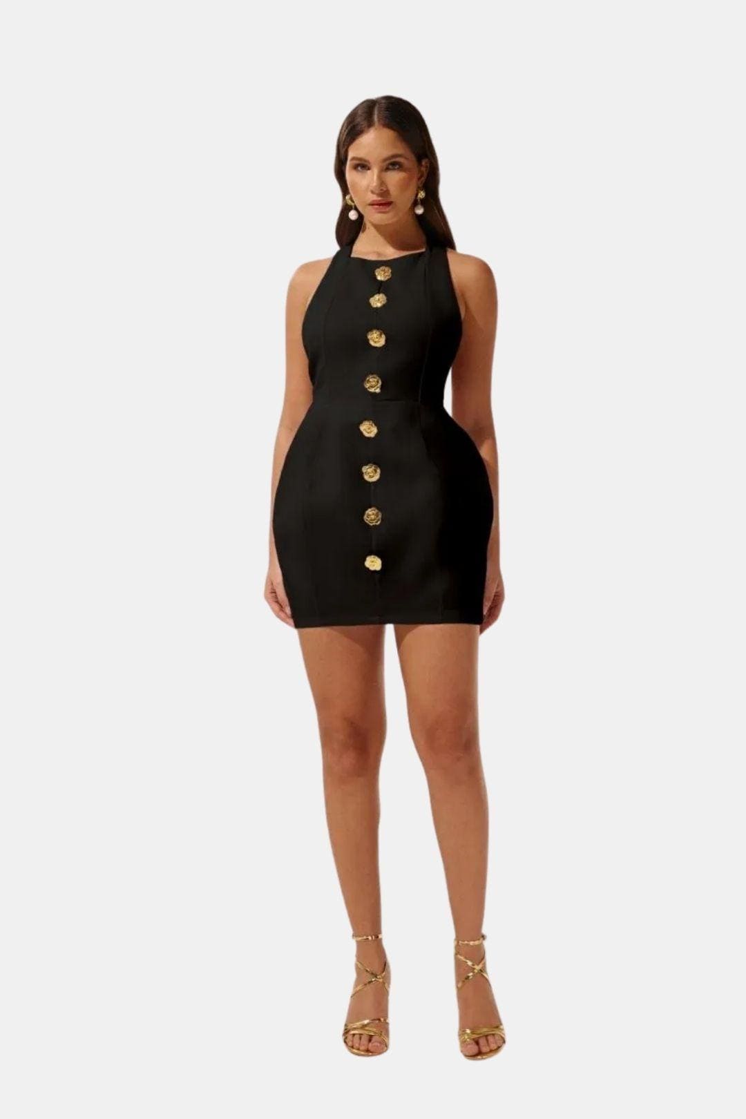 Marion - Robe dos nu Femme Sexy Moulante avec Col Halter et Boutons Dorés