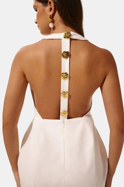 Marion - Robe dos nu Femme Sexy Moulante avec Col Halter et Boutons Dorés