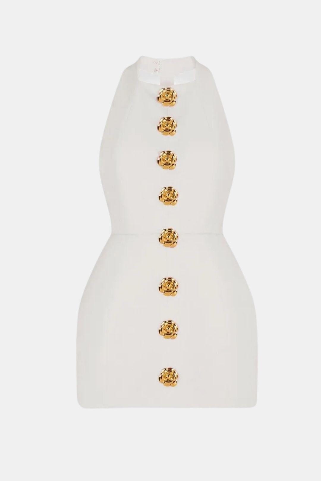 Marion - Robe dos nu Femme Sexy Moulante avec Col Halter et Boutons Dorés