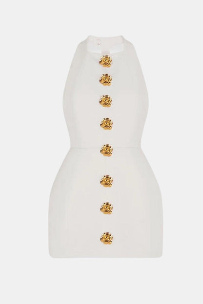 Marion - Robe dos nu Femme Sexy Moulante avec Col Halter et Boutons Dorés
