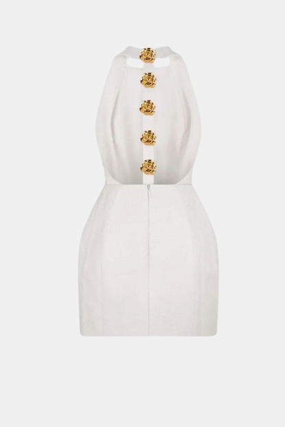Marion - Robe dos nu Femme Sexy Moulante avec Col Halter et Boutons Dorés