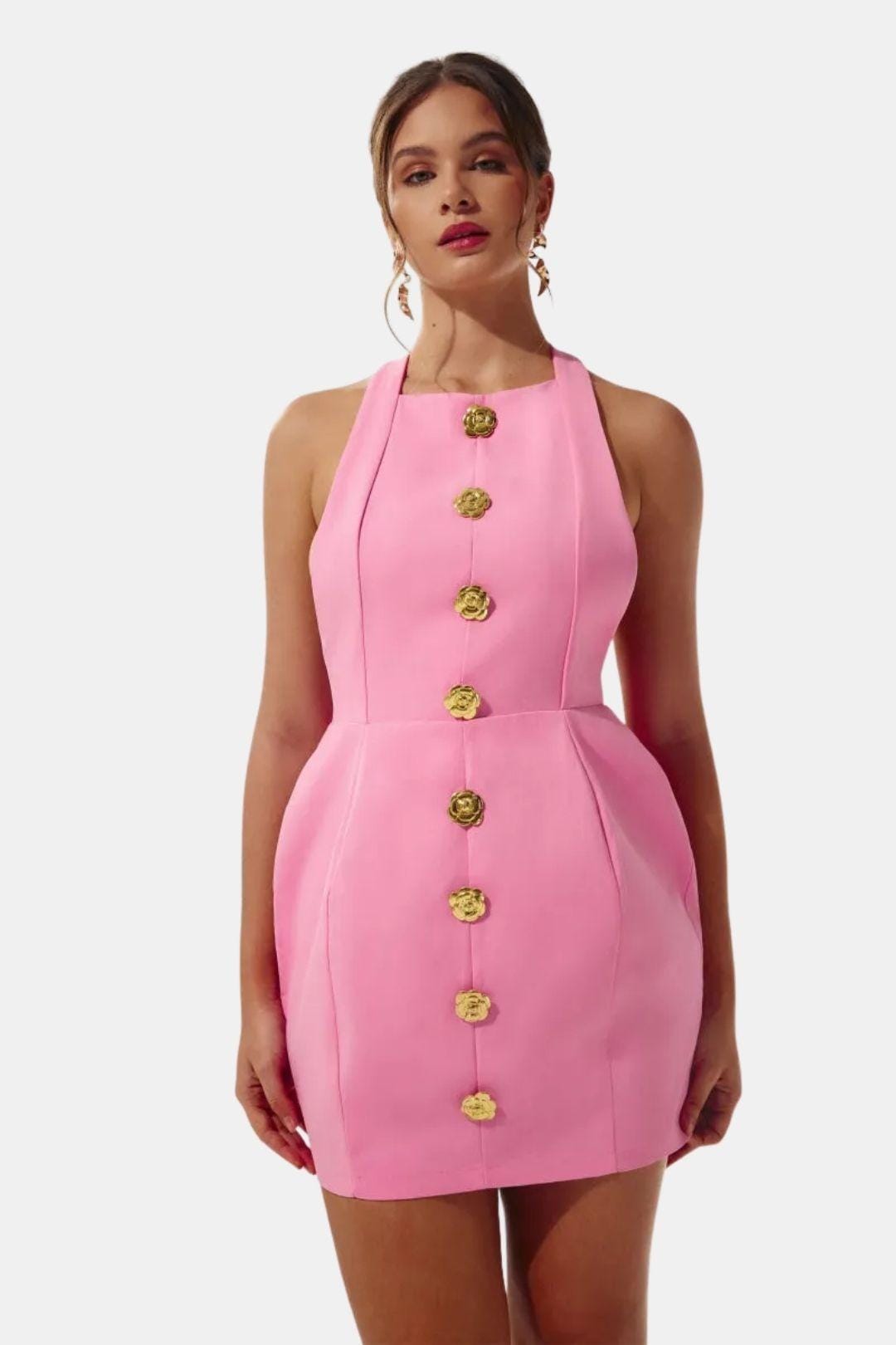 Marion - Robe dos nu Femme Sexy Moulante avec Col Halter et Boutons Dorés
