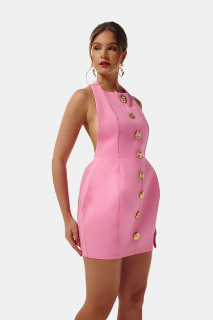Marion - Robe dos nu Femme Sexy Moulante avec Col Halter et Boutons Dorés