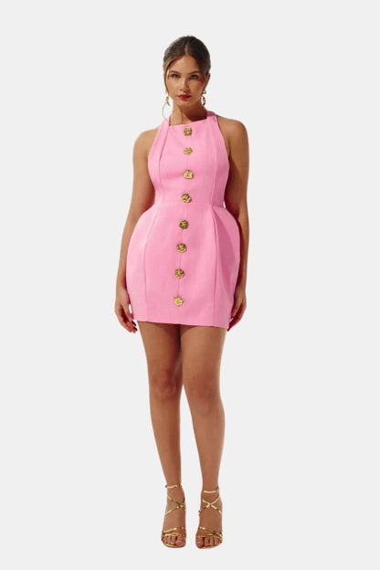 Marion - Robe dos nu Femme Sexy Moulante avec Col Halter et Boutons Dorés