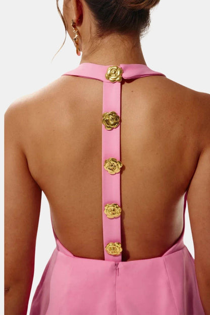 Marion - Robe dos nu Femme Sexy Moulante avec Col Halter et Boutons Dorés