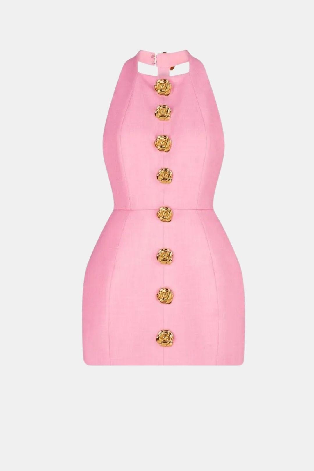 Marion - Robe dos nu Femme Sexy Moulante avec Col Halter et Boutons Dorés