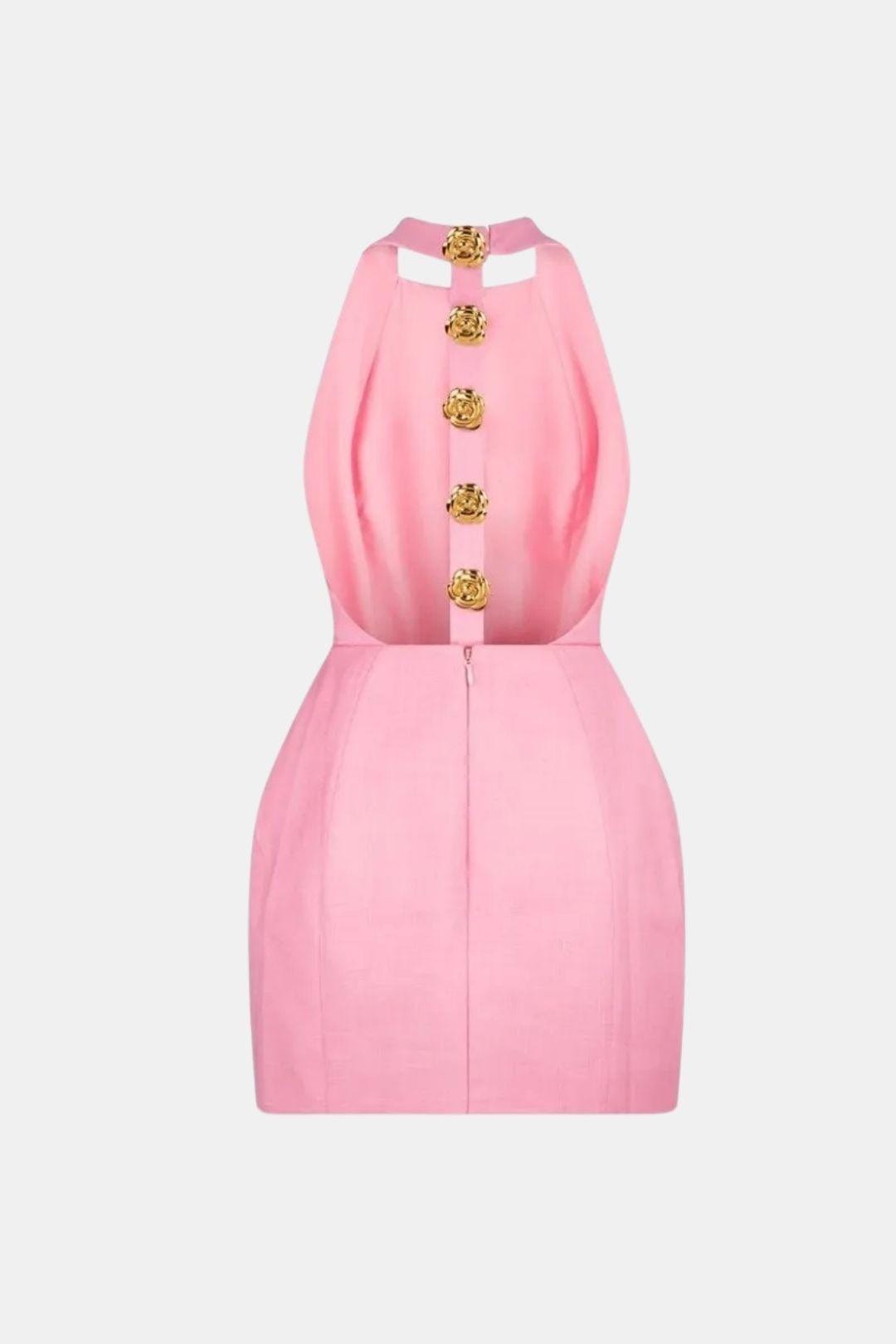 Marion - Robe dos nu Femme Sexy Moulante avec Col Halter et Boutons Dorés