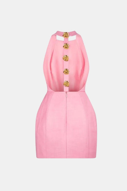 Marion - Robe dos nu Femme Sexy Moulante avec Col Halter et Boutons Dorés