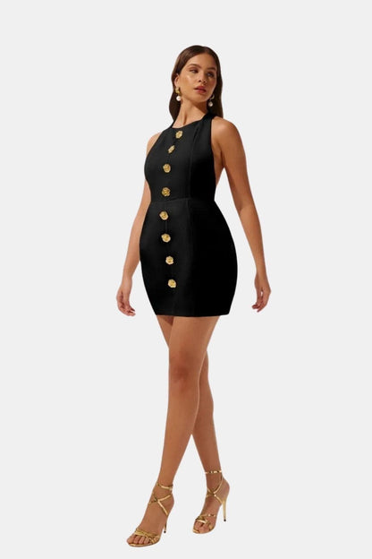 Marion - Robe dos nu Femme Sexy Moulante avec Col Halter et Boutons Dorés